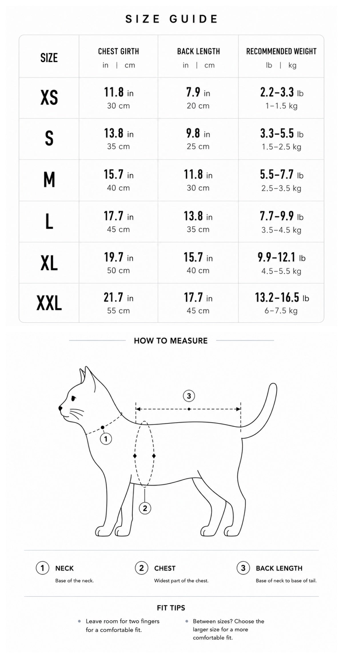 Flannel Pet Outfit for Cats & Dogs Size Guide