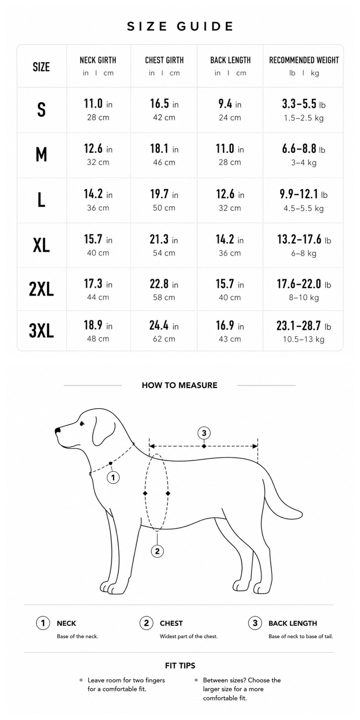 Graphene Winter Dog Puffer Coat Size Guide